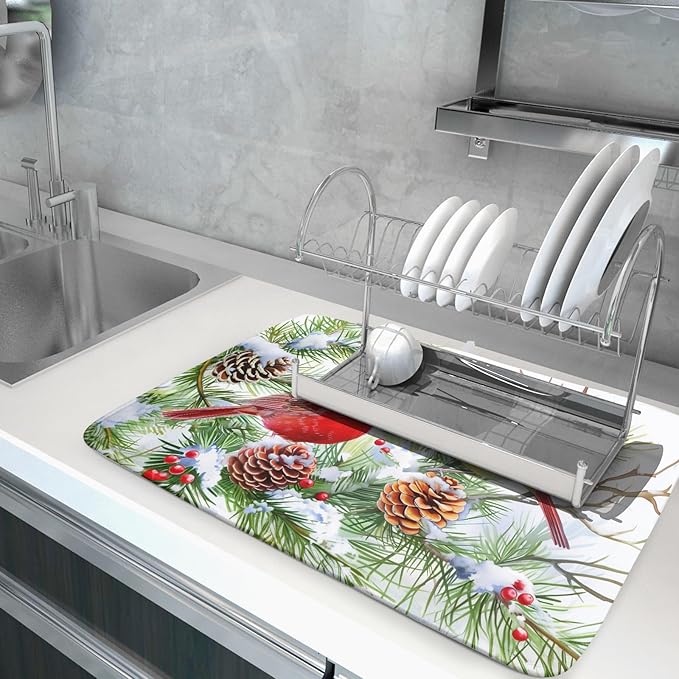 Giwawa Red Birds Dish Drying Mat, Xmas Tree Branch Holly Red Berries Dish Drainer Mats, Winter Snow Pine Cones Reversible Dish Drying Rack Pad Protector for Kitchen Countertop Decor, 18"x24"