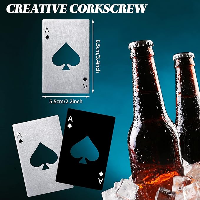 Chumia Poker Card Bottle Openers Stainless Steel Poker Card Beer Ace Bottle Cap Openers for Wedding Birthday Party Bridal Shower Table Tools Supplies(Silver, Black,24 Pieces)