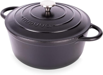 Nuovva Enamelled Cast Iron Dutch Oven Pot with Lid – 6.4 Quart Non Stick Casserole Pot – Heavy Duty & Oven Safe up to 500° F for Bread Baking, Braising, Stews, Roasting – 28cm Black by Nuovva