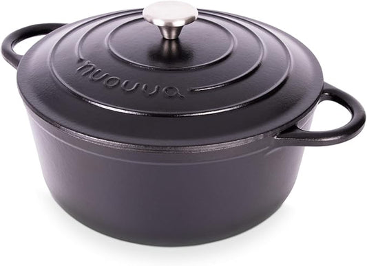 Nuovva Enamelled Cast Iron Dutch Oven Pot with Lid – 6.4 Quart Non Stick Casserole Pot – Heavy Duty & Oven Safe up to 500° F for Bread Baking, Braising, Stews, Roasting – 28cm Black by Nuovva