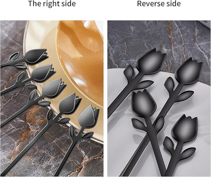 Black Small Coffee Spoon Holder Set,Swan Base With 12 Pcs Demitasse Espresso Spoons Set,6" Mini Tulip/Rose Dessert Spoon,Stainless Steel Tea Spoons - Image 7