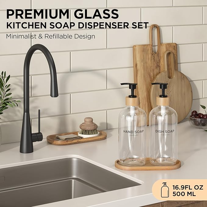 Hand and Dish Soap Dispenser Set,16oz Glass Bottles with Printed Labels, Bamboo Tray & Pump,Countertop Soap Dispensers for Kitchen,Luxury, Minimalist & Farmhouse Decor (Hand Dish (Transparent)) - Image 2