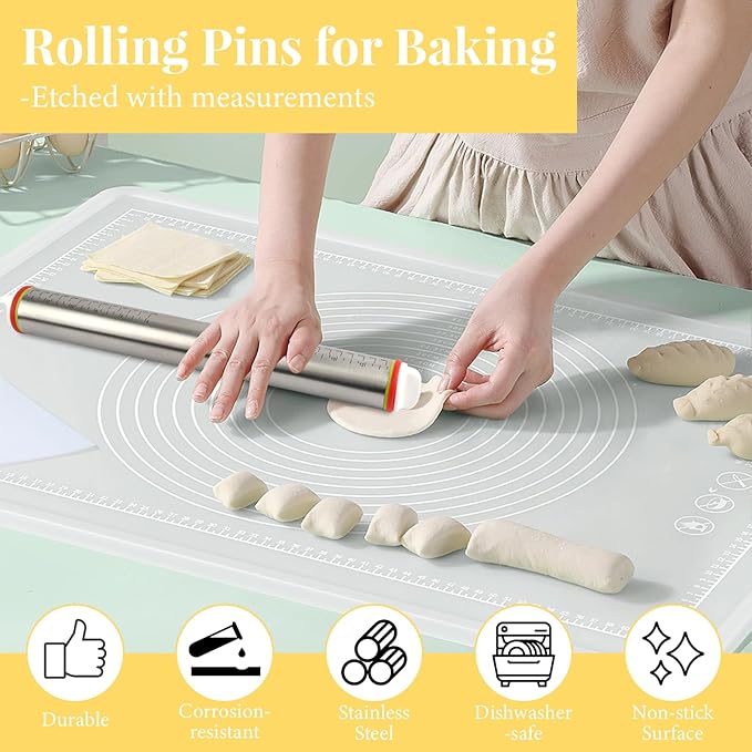 Adjustable Rolling Pin with 4 Thickness Rings for Baking, 17” Stainless Steel Dough Roller with Clear Measurement Markings for Pizza, Fondant, Pie, Cookies, Baking Supplies, Pastry, Pasta - Image 5