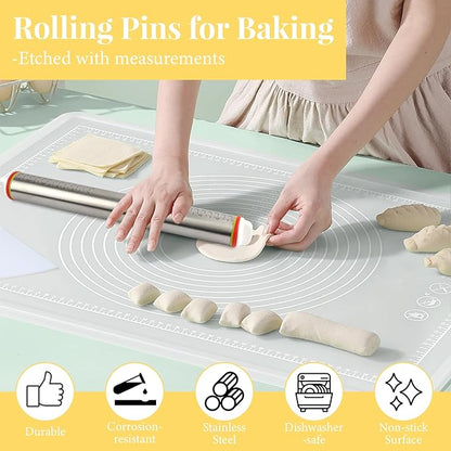 Adjustable Rolling Pin with 4 Thickness Rings for Baking, 17” Stainless Steel Dough Roller with Clear Measurement Markings for Pizza, Fondant, Pie, Cookies, Baking Supplies, Pastry, Pasta - Image 5