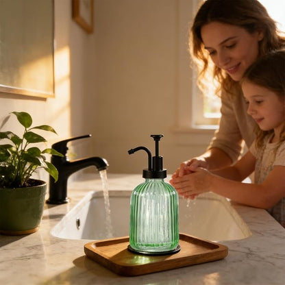 SheeChung Green Glass Soap Dispenser, 12 Oz Liquid Hand Soap Dispenser with Pump, Refillable Lotion Dish Soap Dispenser for Kitchen, Stripes Shampoo Bottle, Bathroom Countertop (Black Pump, 1 Pack)