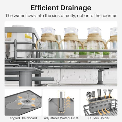 SNTD Dish Drying Rack - Extendable Dish Rack, Large Sink Drying Dish Drainer for Kitchen Counter, Stainless Steel Dish Strainer with Utensil Holder (Grey) - Image 6
