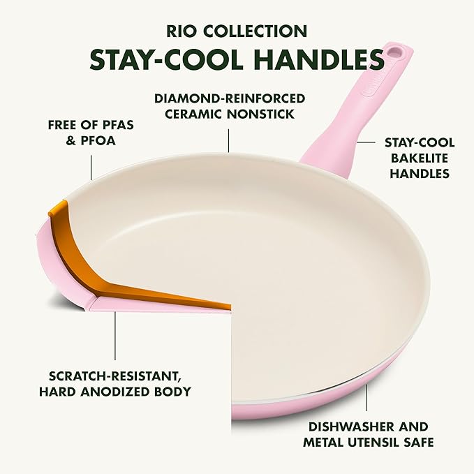 GreenPan Rio Healthy Ceramic Nonstick 8" Frying Pan Skillet and Silicone Spatula Set, Soft Grip Handle, Breaktfast Meal Set, PFAS-Free, Dishwasher Safe, Oven Safe, Pink - Image 4