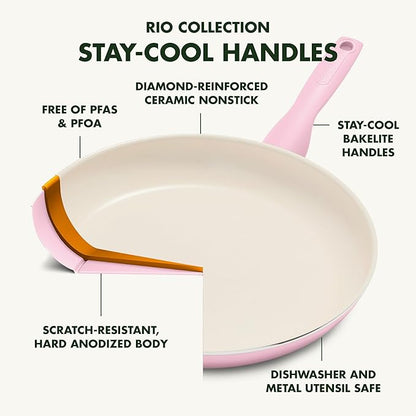 GreenPan Rio Healthy Ceramic Nonstick 8" Frying Pan Skillet and Silicone Spatula Set, Soft Grip Handle, Breaktfast Meal Set, PFAS-Free, Dishwasher Safe, Oven Safe, Pink - Image 4