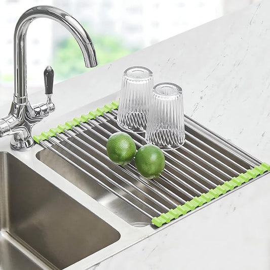 Seropy Roll Up Dish Drying Rack Over The Sink Drying Rack for Kitchen Counter, Rolling Dish Rack Over Sink Mat, Foldable Dish Drainer Stainless Steel Rack Kitchen Organization Green 17.5"x11.8" by SeropyDirect