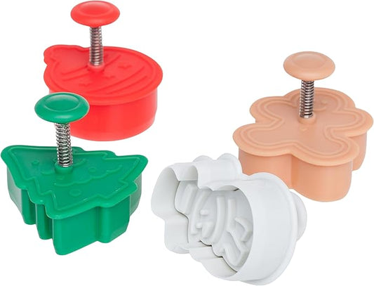 Ateco 1993 Christmas Themed Plunger Cutters, Set of 4 Shapes for Cutting Decorations & Direct Embossing, Spring-loaded Handle, Food Safe Plastic