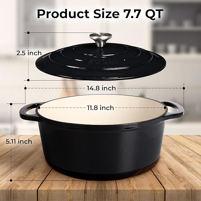 Zulay Kitchen 7.7 Quart Enameled Cast Iron Dutch Oven Pot with Lid – Premium Durability & Oven Safe up to 500°F – Heavy Duty Cookware Perfect for Bread Baking, Stews, Braising & Roasting – Black - Image 8