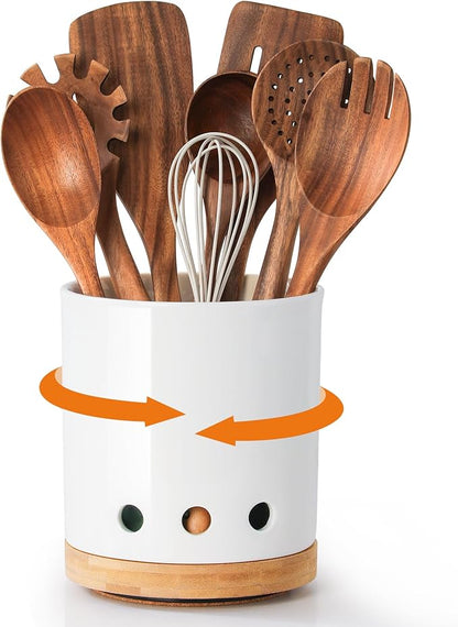 LoeJan 7.3“ 360° Rotating Ceramic Utensil Holder for Kitchen Countertop – Cooking Utensil Crock Organizer with Non-Slip Cork Base for Farmhouse Kitchen Decor, White - Image 9