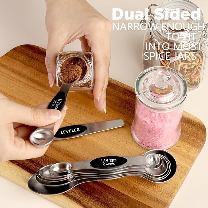 ChefAide Pack of 8 Stainless Steel Magnetic Measuring Spoons Set, Dual Sided, Stackable, Adjustable Teaspoon and Tablespoon Measure Spoon with Leveler, Kitchen Gadgets Set 5 - Image 4