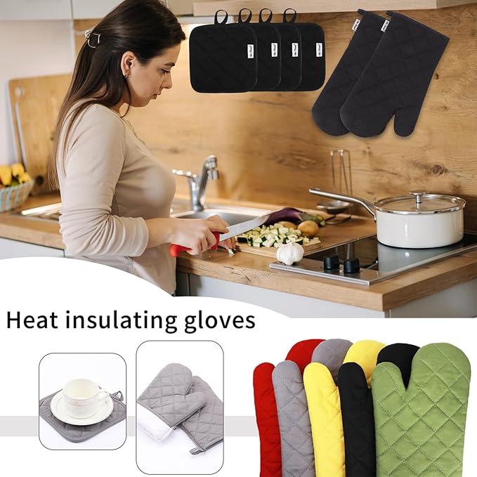 Oven Mitts and Pot Holders Sets,6 Pcs Oven Mitts and Potholders with Recycled Cotton High Heat Resistant Extra Thick Long Oven Mitts for Cooking(Black) - Image 4
