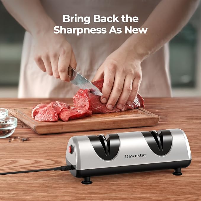 Electric Knife Sharpener, Professional Kitchen Knife Sharpener for Home Use, 2 Stages of Coarse Sharpening & Fine Polishing, Metal Dust Collection Box for Easy Cleaning, Silver Gray - Image 2