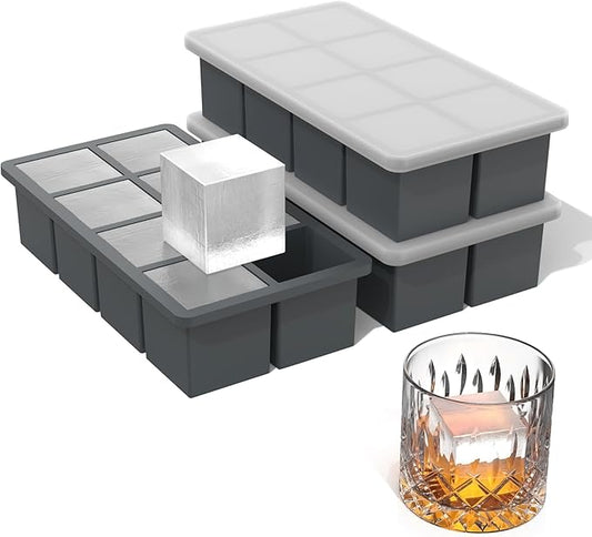 Bangp Silicone Ice Cube Trays with Metal Reinforced Frame(3 Pack),Large Ice Cube Tray with Lid,Easy Release Whiskey Ice Cubes Mold,Ice Trays for Freezer,Stackable Ice Cube Tray(Grey) by Bangp