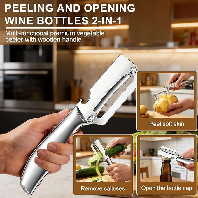 2Pc Multi-Functional Vegetable Peeler for Kitchen,2026 New Stainless Steel Peeler with Wooden Handle and Bottle Opener,2 in 1 Stainless Steel Kitchen Tool for Fruit Apple Potato Pumpkin Slicer(Sliver) - Image 5