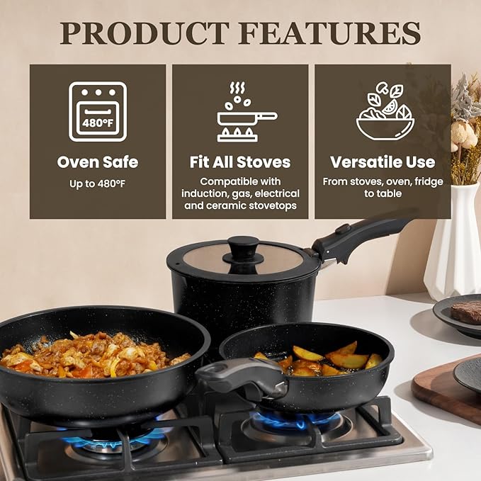 KIKCOIN Pots and Pans Set, 30 Pack Nonstick Cookware Set Detachable Handle, Induction RV Kitchen Cooking Set with Removable Handle, Frying Pans, Casserole - Dishwasher/Oven Safe, PFOA Free - Image 4