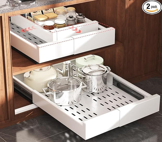 Seinloes 2 Pack Pull Out Cabinet Organizer Expandable Width(11"-16") and Depth(17"-24"),Slide Out Drawers with Raising Pad for Framed Cabinets,No Drill Roll Out Shelves for Kitchen,Bathroom,White by Seinloes