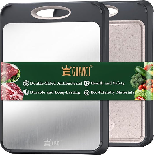 GUANCI Cutting Board for Kitchen, Stainless Steel Cutting Board Double Sided for Chopping Meat/Vegetables, Stainless Steel/Wheat Straw PP, Kitchen Gifts Easy to Clean Large 16”×11” by GUANCI