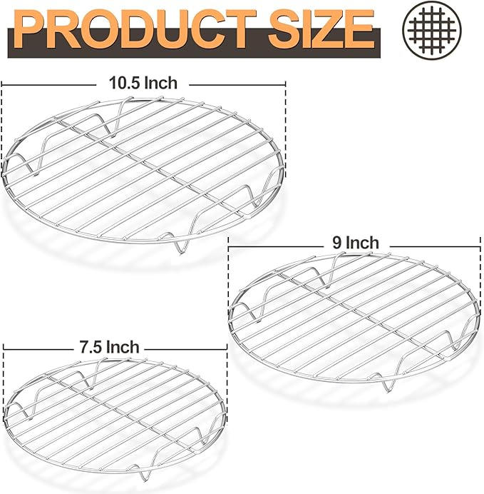 P&P CHEF Round Cooking Rack, 3 Pcs Stainless Steel Baking Cooling Steaming Grilling Rack, Fits Air Fryer/Stockpot/Pressure Cooker/Round Cake Pan, Oven & Dishwasher Safe (7.5 + 9 + 10.5 Inch) - Image 2