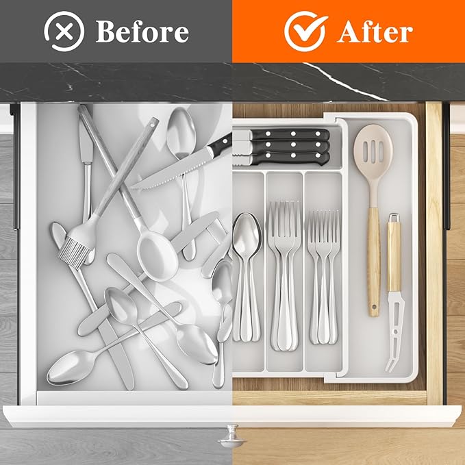Lifewit Silverware Drawer Organizer, Expandable Utensil Tray for Kitchen, BPA Free Flatware and Cutlery Holder, Adjustable Plastic Storage for Spoons Forks Knives, 10.9"-17.5" x 13.7", White - Image 5