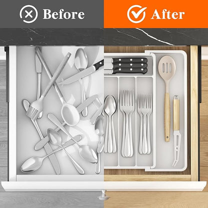 Lifewit Silverware Drawer Organizer, Expandable Utensil Tray for Kitchen, BPA Free Flatware and Cutlery Holder, Adjustable Plastic Storage for Spoons Forks Knives, 10.9"-17.5" x 13.7", White - Image 5