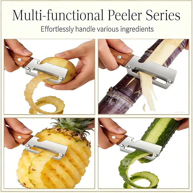 3Pcs Multifunctional Vegetable Peeler, 2-in-1 Multifunctional Vegetable Peeler with Wooden Handle & Stainless Steel Blade, Built-in Bottle Opener, Fruit & Vegetable Kitchen Peeling Tool - Image 4