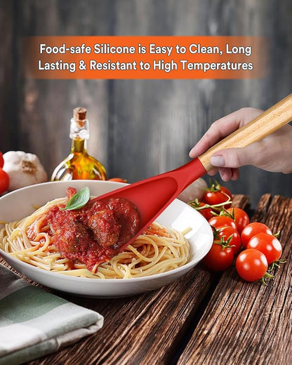 Cooking Spoon for Nonstick Cookwares, Great for Cooking and Serving Sturdy BPA-Free Matte Silicone, Wood Handle Spoon for Mixing, Scoop, and Scrape (Black & Red, 13.4 inch) - Image 3