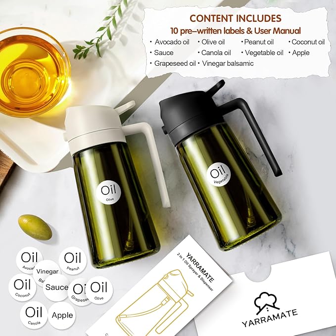 YARRAMATE 16oz/470ml 2PCS Light Blockage Dark Oil Sprayer for Cooking, 2 in 1 Olive Oil Dispenser Bottle for Kitchen, Green Glass Oil Bottle, Food-Grade Oil Mister for Air Fryer, BBQ (Black & White) - Image 3