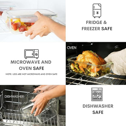 8 Cups/ 63 Oz 4 Piece (2 containers + 2 Lids) Large Glass Food Storage/ Baking Containers with Locking Lids . Ideal for Storing food, vegetables or fruits. BPA Free & Leak Proof -Microwave, Oven Safe - Image 5