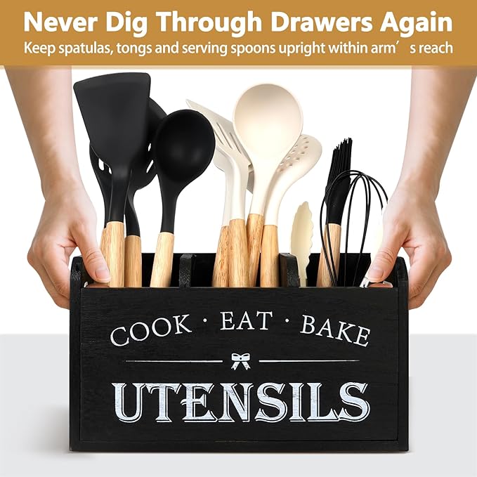 Farmhouse Cooking Utensils Organizer - Kitchen Utensil Holder Black Rustic Solid Wood Countertop Utensil Holder, 3 Compartment Spoon Holder for Kitchen Decor - Image 5