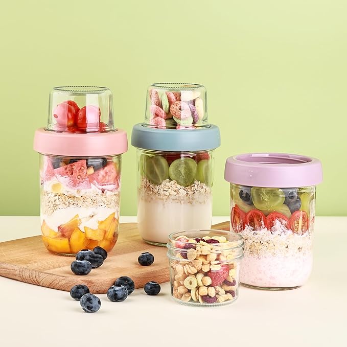 Wells 6 Pack Overnight Oats Containers with Lids, 16 OZ Dual Layer Yogurt Containers with Dry and Wet Separation, Airtight Leak Proof Oatmeal Jar for Chia Pudding, Breakfast, Cereal - Image 3
