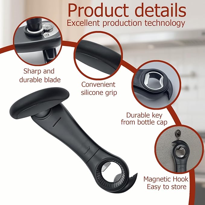 4-In-1 Multifunctional Can Opener Manual, Can Openers for Seniors with Magnetic Hooks, Can Opener Smooth Edge Suitable for Beer/Cans(Black)