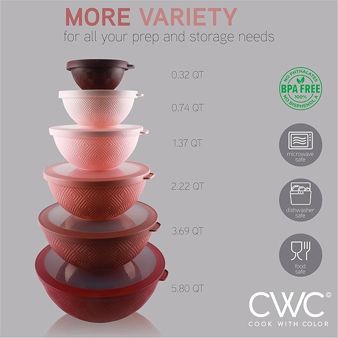 COOK WITH COLOR Mixing Bowls with Lids - 12 Piece Plastic Nesting Bowls Set includes 6 Prep Bowls and 6 Lids, Microwave Safe Mixing Bowl Set, Rose Rhombus - Image 2