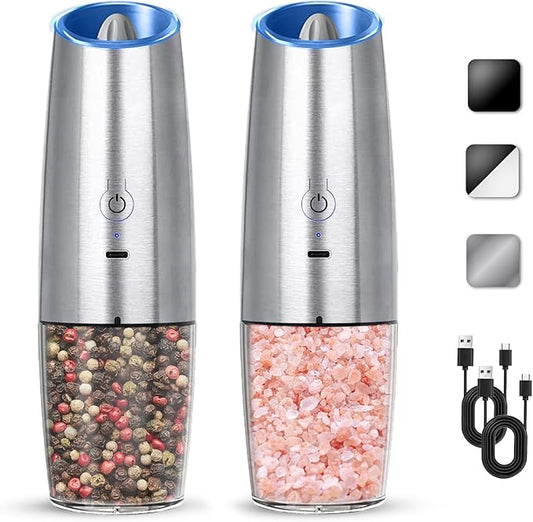 Rechargeable Electric Salt And Pepper Grinder Set, Automatic Gravity Electric Salt And Pepper Grinder Set, Adjustable Roughness, Led Light, 2 Pack, (Silver) by KIARYUOLL