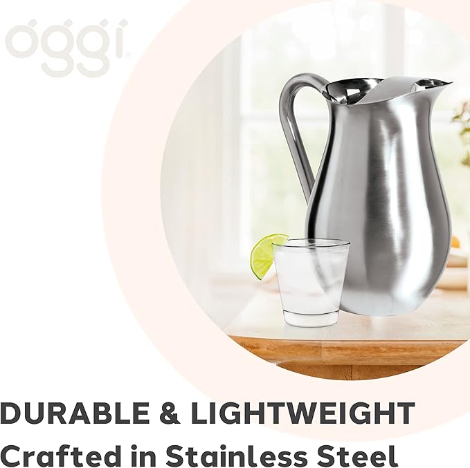 OGGI Stainless Steel Pitcher- Stainless Steel Water w/Ice Guard, Water Carafe, Great Metal Container for Entertaining, Ideal 68oz / 2 Lt Drink Pitcher - Image 5