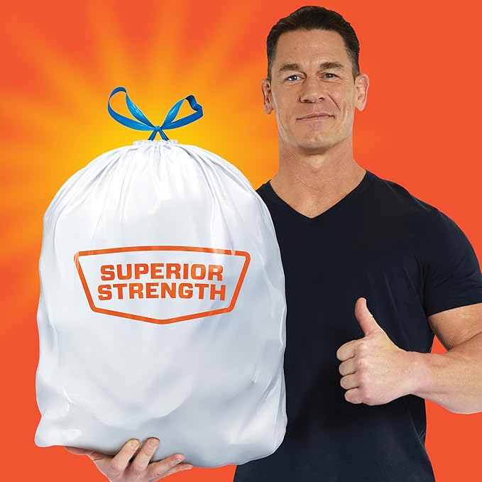 Hefty Strong White 13 Gallon Trash Bags with Drawstrings, Unscented Tall Kitchen Trash Bags, Resists Leaks, Punctures, and Tears, Durable Closure, 120 Ct.