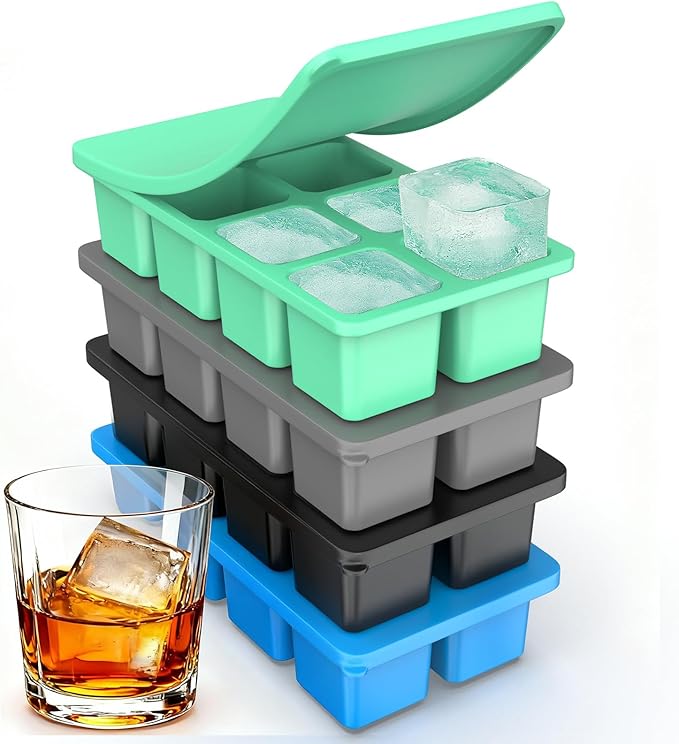 Large Silicone Ice Cube Trays with Lids, ZDPMK 4 Pack Large Whiskey Ice Cube Molds, Easy‑Release 2 Inch Square Big Ice Cube Molds for Freezer, Cocktails, Iced Coffee, Baby Food, Dishwasher‑Safe by ZDPMK