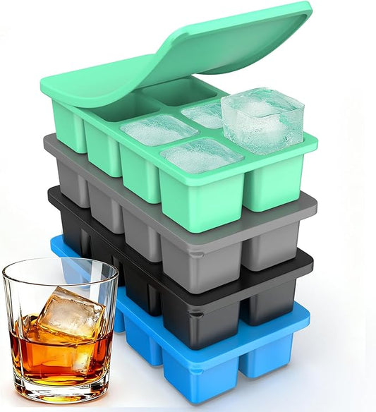 Large Silicone Ice Cube Trays with Lids, ZDPMK 4 Pack Large Whiskey Ice Cube Molds, Easy‑Release 2 Inch Square Big Ice Cube Molds for Freezer, Cocktails, Iced Coffee, Baby Food, Dishwasher‑Safe by ZDPMK