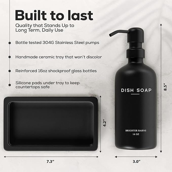 Black Glass Hand and Dish Soap Dispenser Set by Brighter Barns - Kitchen Soap Dispenser Set with Tray for Home, Airbnb, Vacation Rental, Gift - Minimalist Home Decor, Modern Kitchen Decor (Black) - Image 3