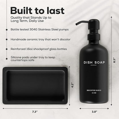Black Glass Hand and Dish Soap Dispenser Set by Brighter Barns - Kitchen Soap Dispenser Set with Tray for Home, Airbnb, Vacation Rental, Gift - Minimalist Home Decor, Modern Kitchen Decor (Black) - Image 3