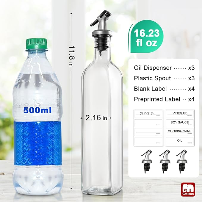 GMISUN Olive Oil Dispenser And Vinegar Bottle 3 Pack 17oz, For Kitchen, Glass Cooking Oil Container Cruet with Pourer Spout, Funnel And Labels, Clear - Image 2