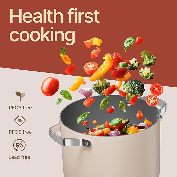 Bakken 8.5 Quart Ceramic Coated Stock Pot with Lid, Easy Clean Nonstick Pot, Tempered Glass Lid, Riveted Stainless Steel Handles, Oven Safe Up To 500°F, PTFE & PFAS Free, All Stove Compatible, Cream - Image 6
