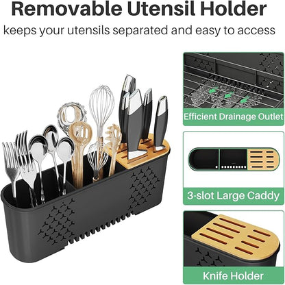 SNTD Large Dish Drying Rack - Expandable (19.3" to 29.4") Dish Rack for Kitchen Counter, Stainless Steel Dish Drainer with Utensil Holder, Pan Holder & Pot Lid Holder (Black) - Image 7