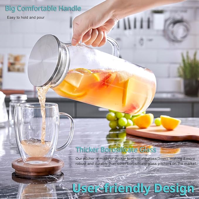 Bivvclaz 2 Pack 2 Liter 68 oz 2.1 Qt Glass Pitcher with Lid and Handle, Water Pitcher for Fridge, Glass Carafe for Hot/Cold Water, Large Iced Tea Pitcher for Coffee, Juice and Homemade Beverage - Image 3