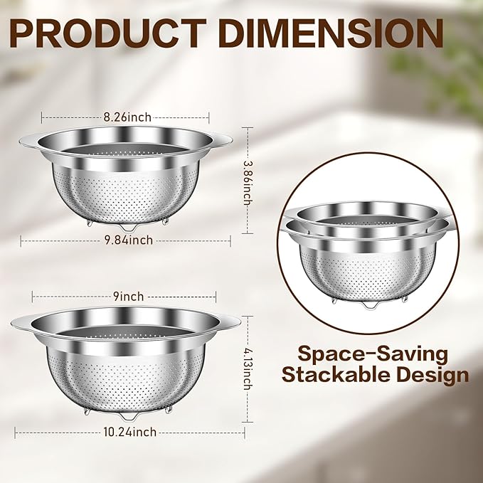 Stainless Steel Strainers for Kitchen, Stainless Steel Colander, Kitchen Strainer for Pasta Fruit Veggie Hot Food, 2 Pack Strainers and Colanders(2QT & 3QT), Dishwasher Safe, Silver - Image 7