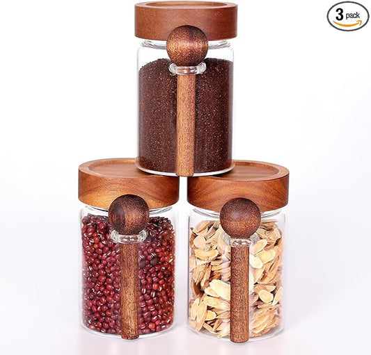 Glass Jar with Acacia Screw Lid and Spoon, 16 OZ Tea Containers for Loose Leaf Tea, Salt and Sugar Containers for Countertop, Yogurt Jars for Overnight Oatmeal