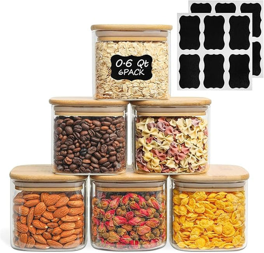 ComSaf 0.6 Qt Glass Food Storage Jars Set of 6, Clear Storage Containers with Airtight Lids, Pantry Organization Jar, Spice Jar, Blooming Tea, Coffee and Sugar Container, Canister Set for Kitchen by ComSaf