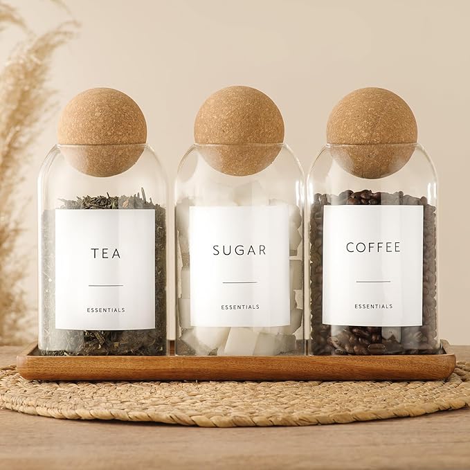 Coffee Sugar Tea Container Set, 3 Pack Glass Jars with Cork Lids, Apothecary Jars with Tray for Bathroom, Decorative Qtip and Cotton Ball Holder, Cute Display Jars for Coffee Bar (27oz) - Image 2